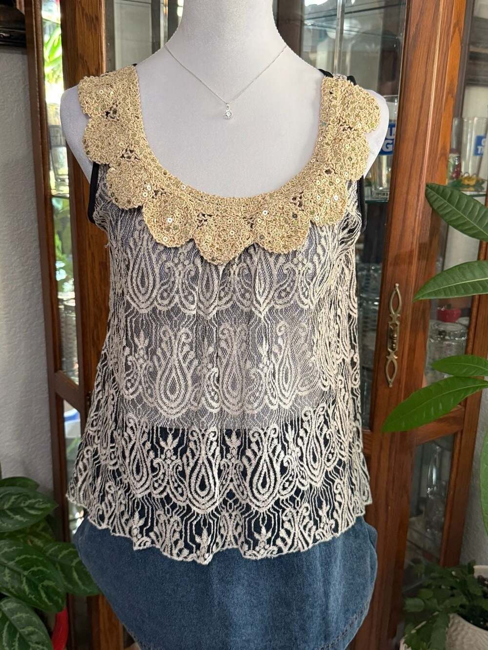 Boho Pinky Paisley Crochet Lace Sequin Collar Tank Top